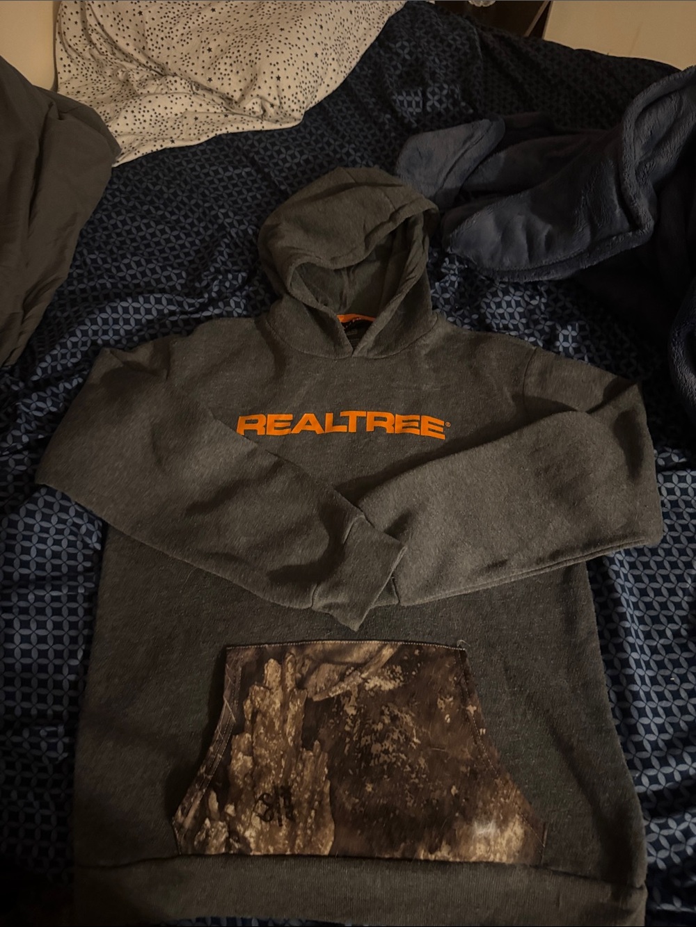 Realtree Charcoal Hoodie with Orange Logo and Camo Pocket